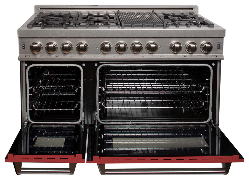 ZLINE 48" Dual Fuel Range, DuraSnow With Red Matte Door RAS-RM-48