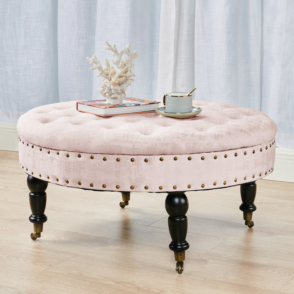 Textured Velvet Round Coffee Table, Softpink, 34''x34''x17''