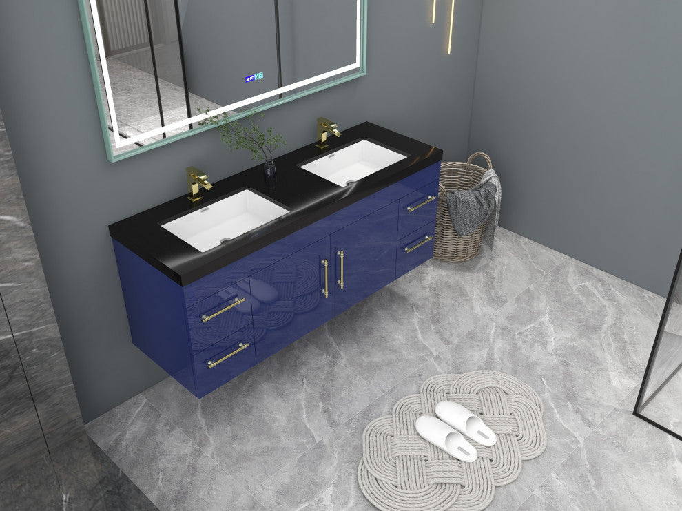 Rosa 60" Wall Mounted Modern Vanity, High Gloss Night Blue, Matt Black Top