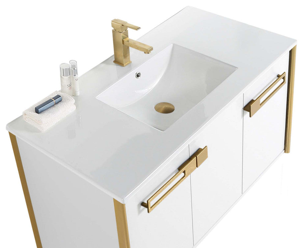 Oakville Wall Mount Bathroom Vanity, White Matte, 42", Satin Brass Hardware