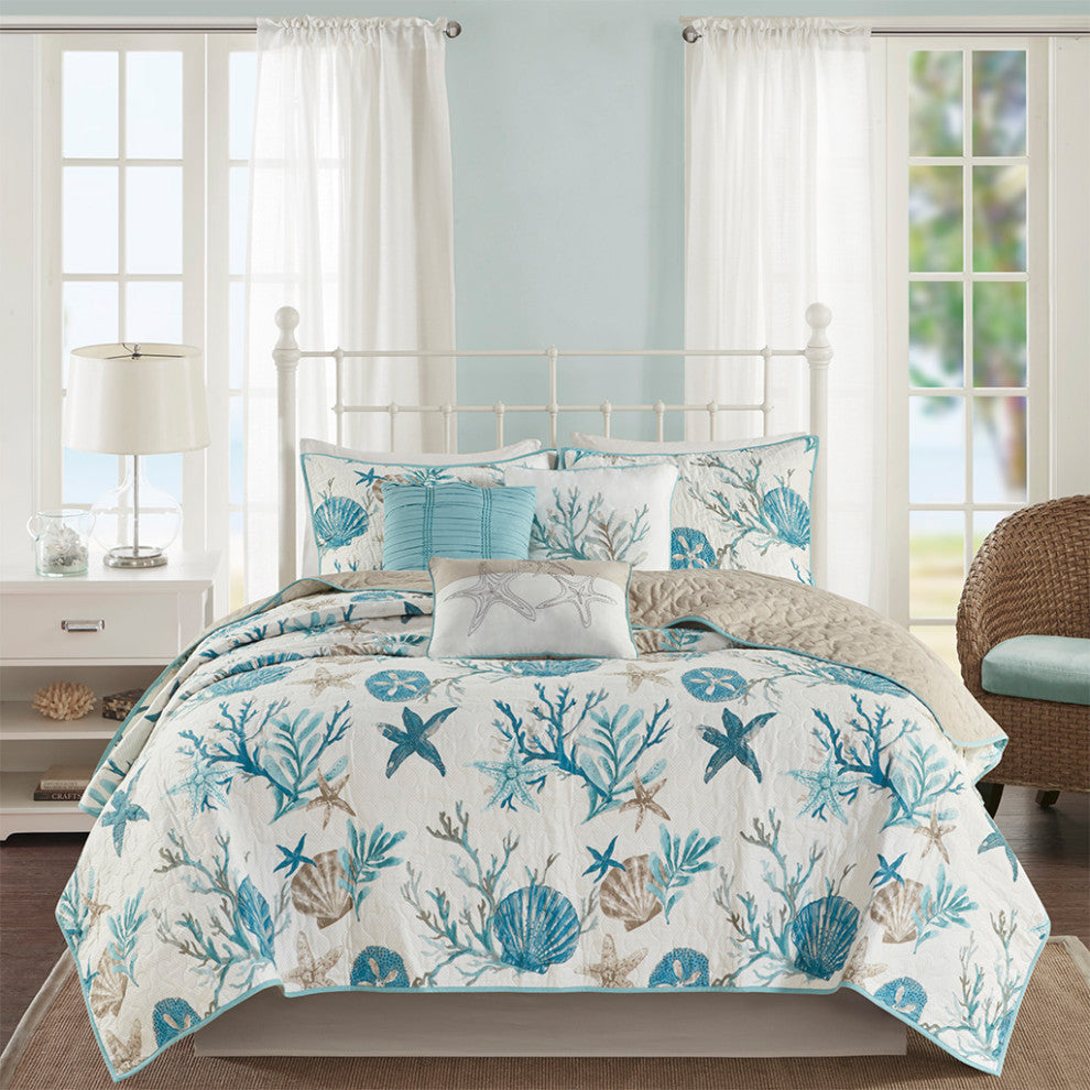 Madison Park Pebble Beach 6 Piece Cotton Sateen Quilt Set With Throw Pillows