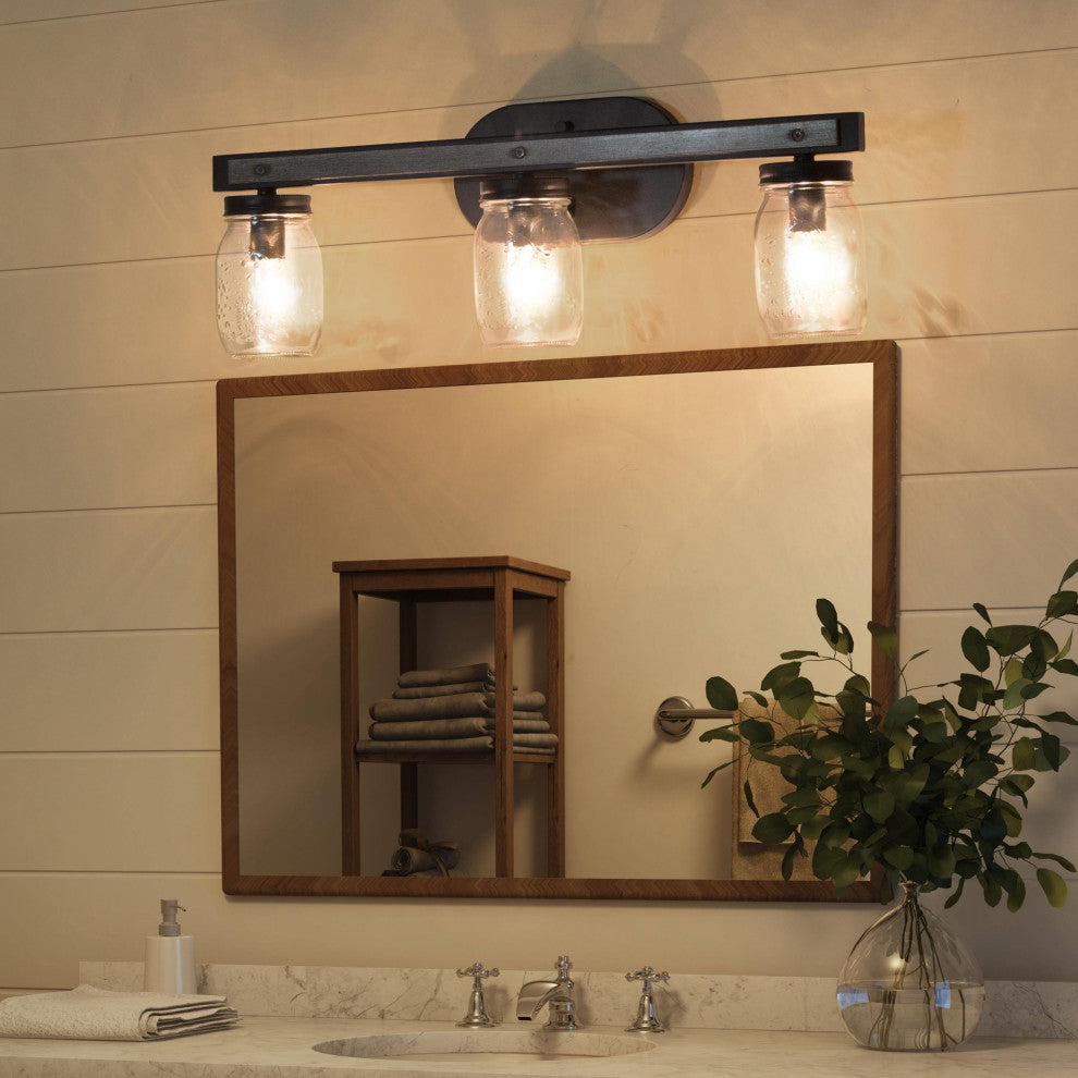 LNC Farmhouse 3-Light Bathroom Vanity Light with Mason Jar Shade and Wood Accent