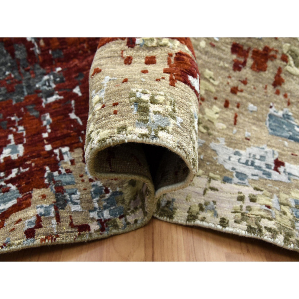 Bone Gray Natural Wool Hand Knotted Abstract Design Oriental Rug, 10'0"x14'2"