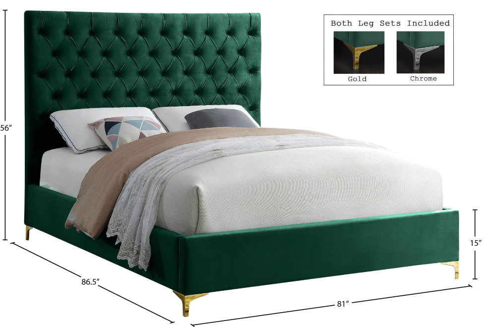 Cruz Velvet Upholstered Bed, Green, King