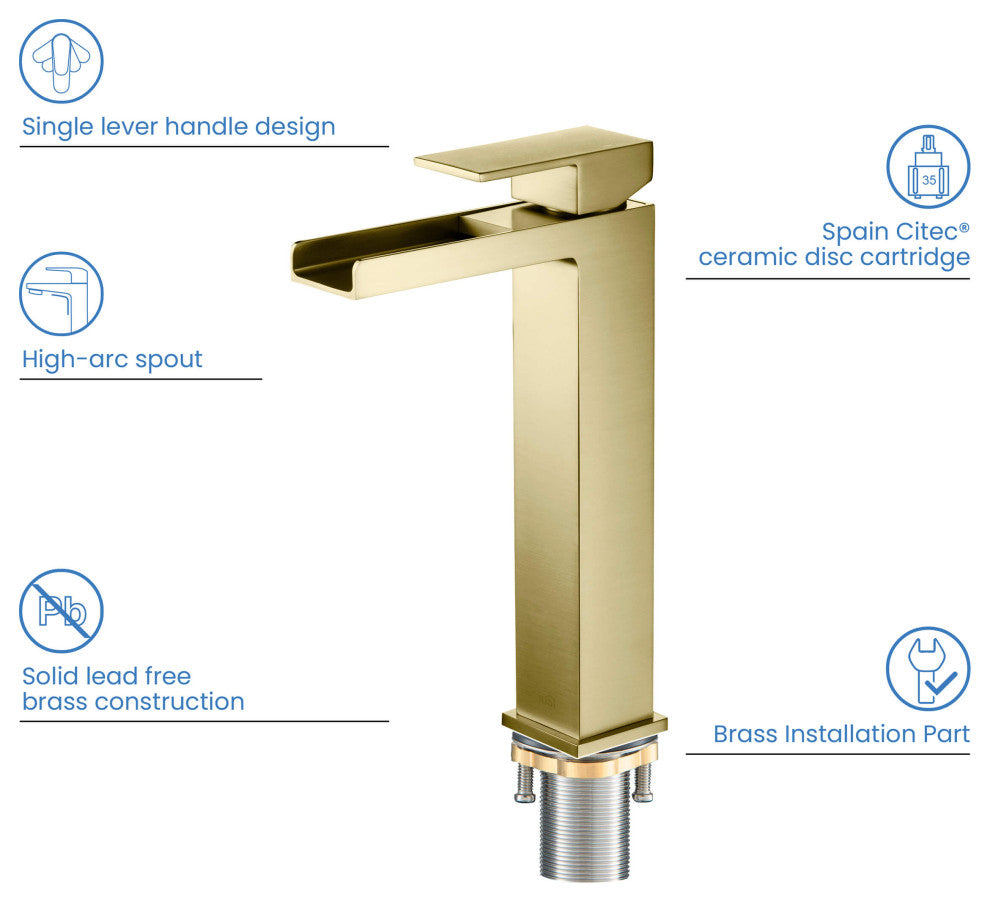 Waterfall Single Handle Vessel Sink Faucet KBF1005, Brushed Gold, Without Drain