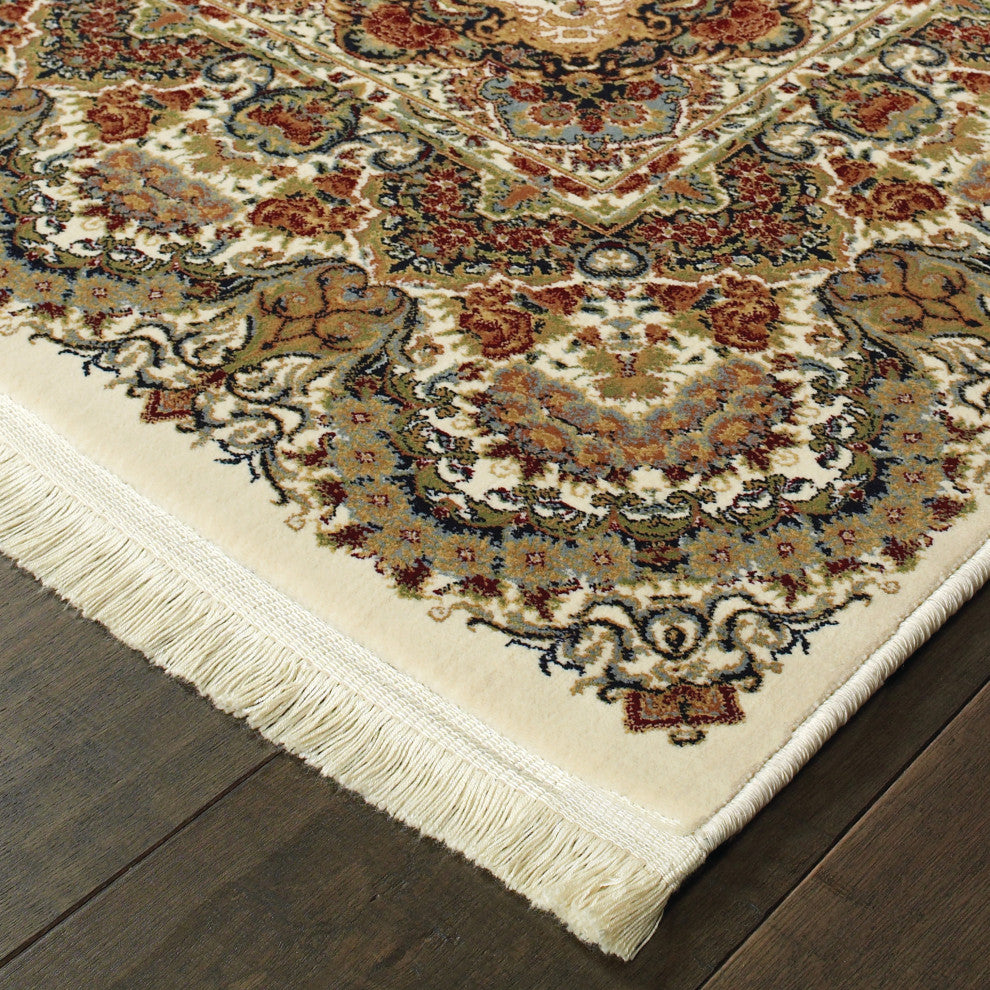 Mackenzie Traditional Border Medallion Ivory/ Multi Fringed Area Rug, 5'3"x7'6"