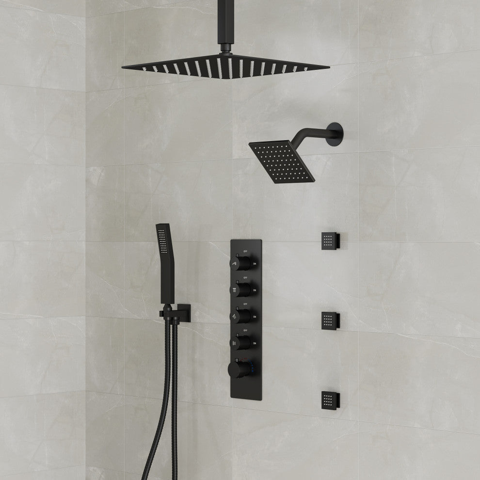 Dual Shower Heads 16" Thermostatic Shower System With Body Jets, Matte Black
