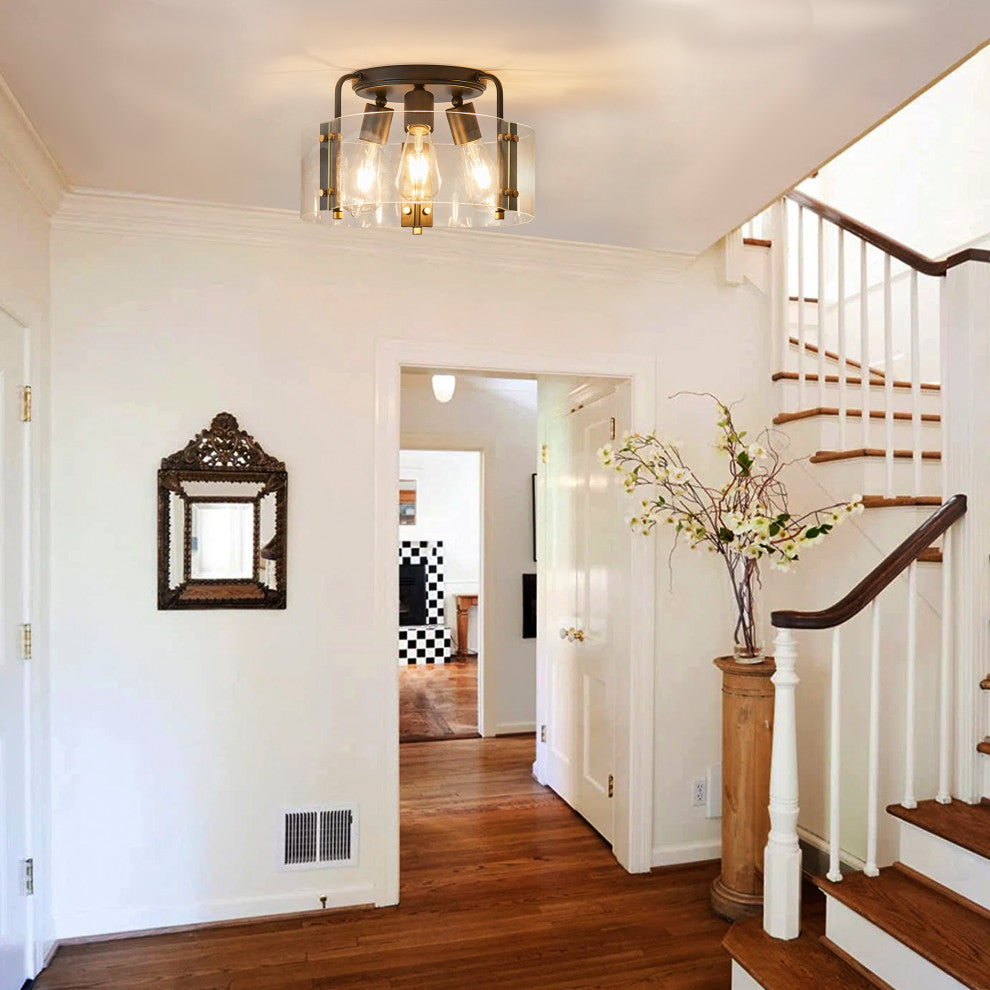 Modern 3-Light Black Semi Flush Mount Ceiling Light with Glass Shade