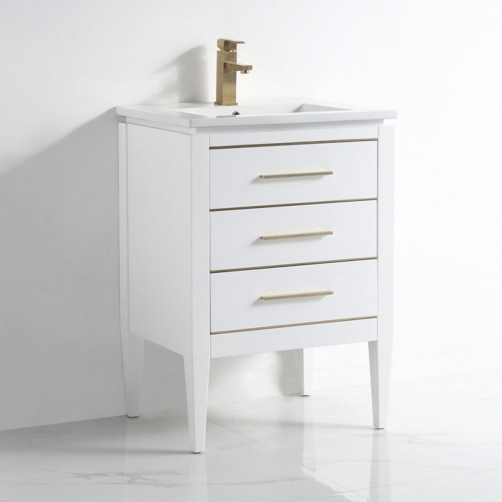 Grace 24" Single Bathroom Vanity Set, White With Brass Trim
