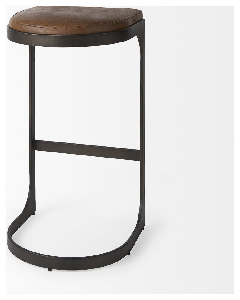 Brown Leather C Shape Metal Bar Stool