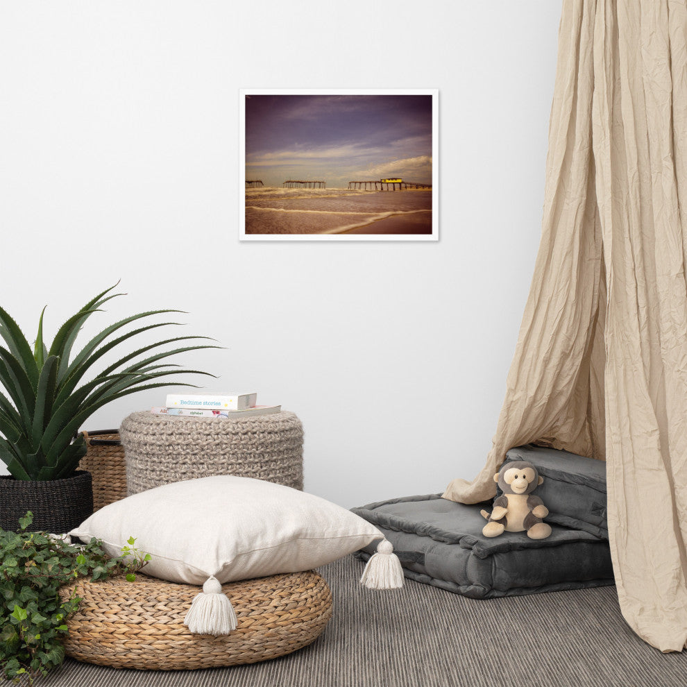 Aged View of Frisco Pier Coastal Framed Photo Paper Print, White, 18" X 24"
