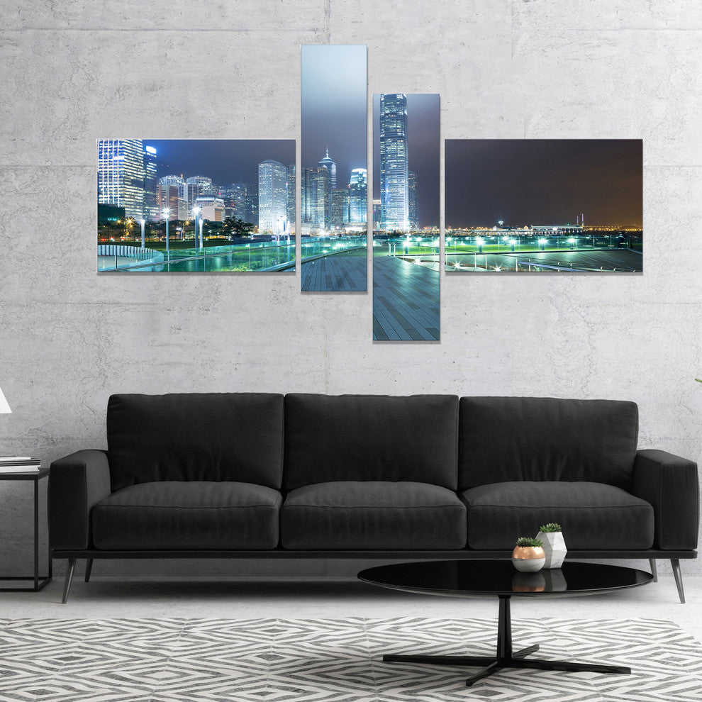 Night Pathway in Modern City, Cityscape Art Print on Canvas, 60"x32", 4 panels