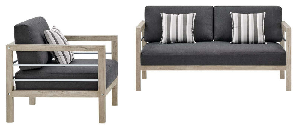 Lounge Sectional Sofa Chair Set, Wood, Gray, Modern, Outdoor Patio Cafe