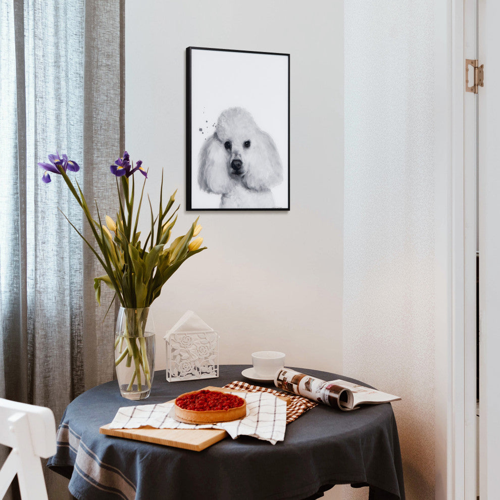 "Poodle" Black, White Portraits Printed Art Glass With A Black Aluminum Frame