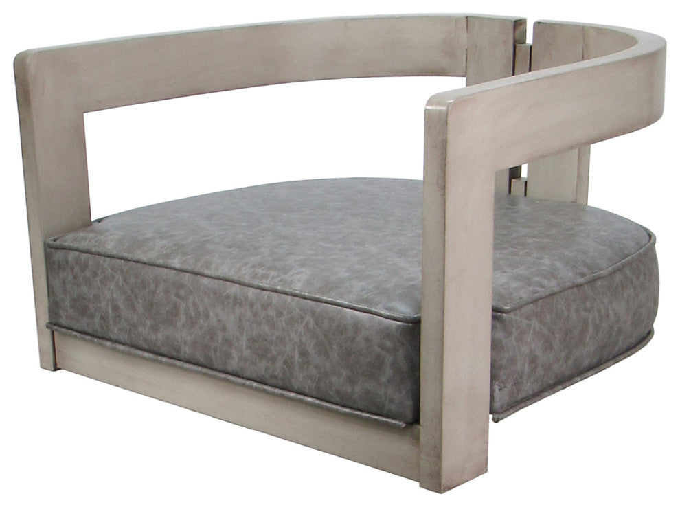 Swivel Wood Bar Stool Kadir Pillow on S-Base, Marble Gray Vinyl - Black Pillow - Beige, 34"