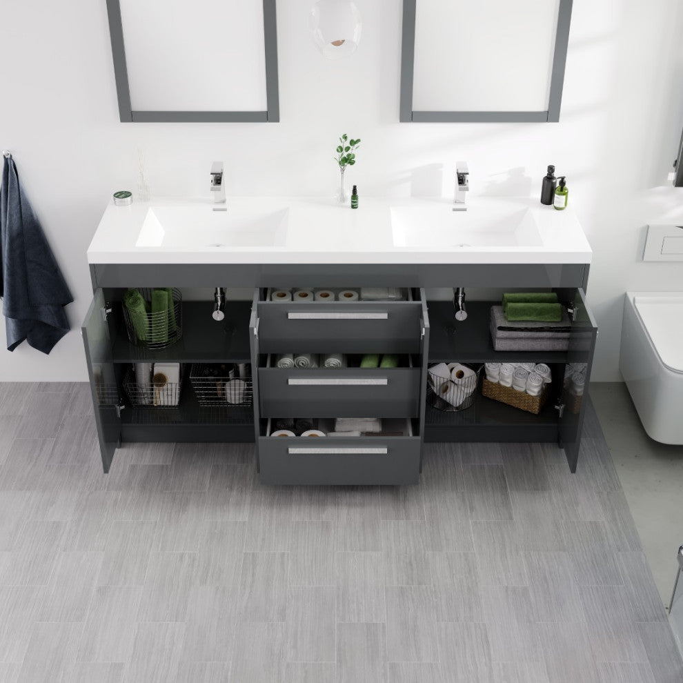 Eviva Lugano 72" Gray Modern Double Sink Bathroom Vanity With White Top