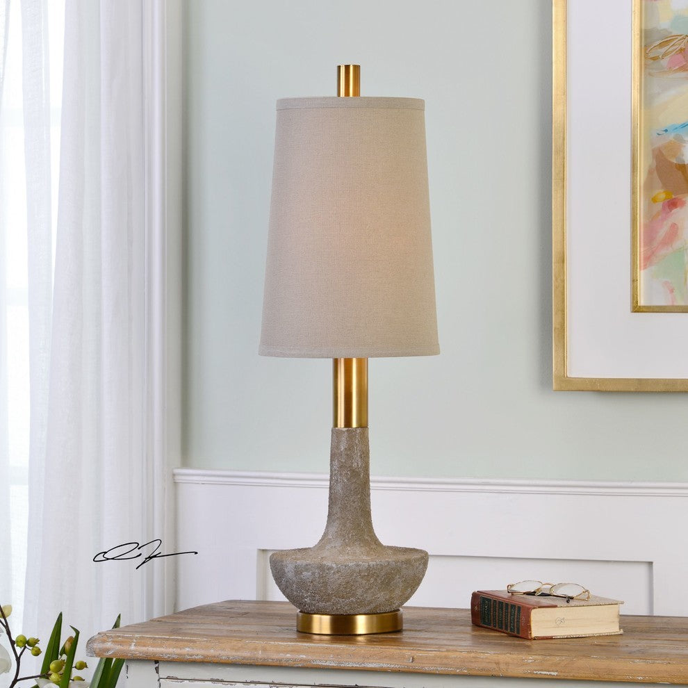 Elegant Curved Stone and Brass Table Lamp, Buffet Slim Tall