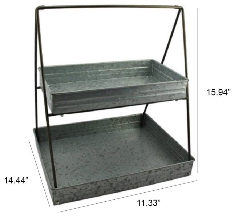 Galvanized Metal 2 Tiered Rectangular Serving Tray, Gray