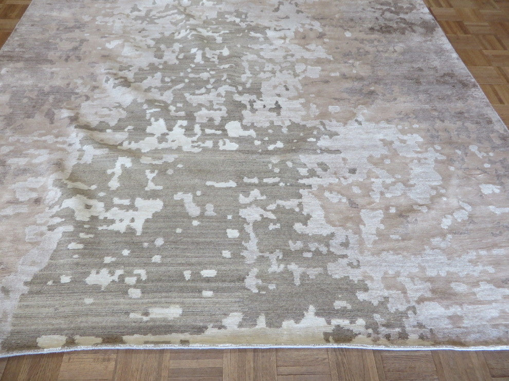 Hand Knotted Brown and Gray Modern Tibetan Oriental Rug With Silk, 8x10