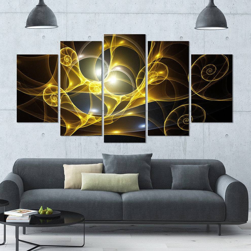 Golden Curly Spiral on Black, Contemporary Wall Art Canvas, 60"x32", 5 Panels