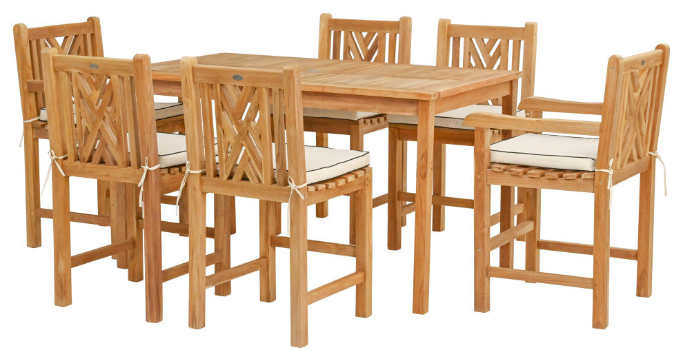 7 Piece Teak Chippendale 63" Rect Bistro Counter Set, 2 Arm and 4 Side Stools