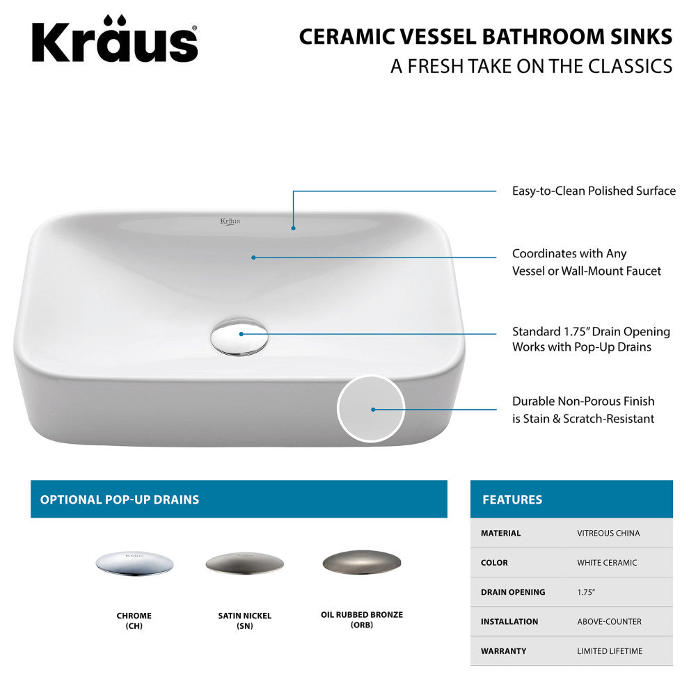 Elavo Ceramic Rectangle Vessel White Sink, PU Drain Satin Nickel