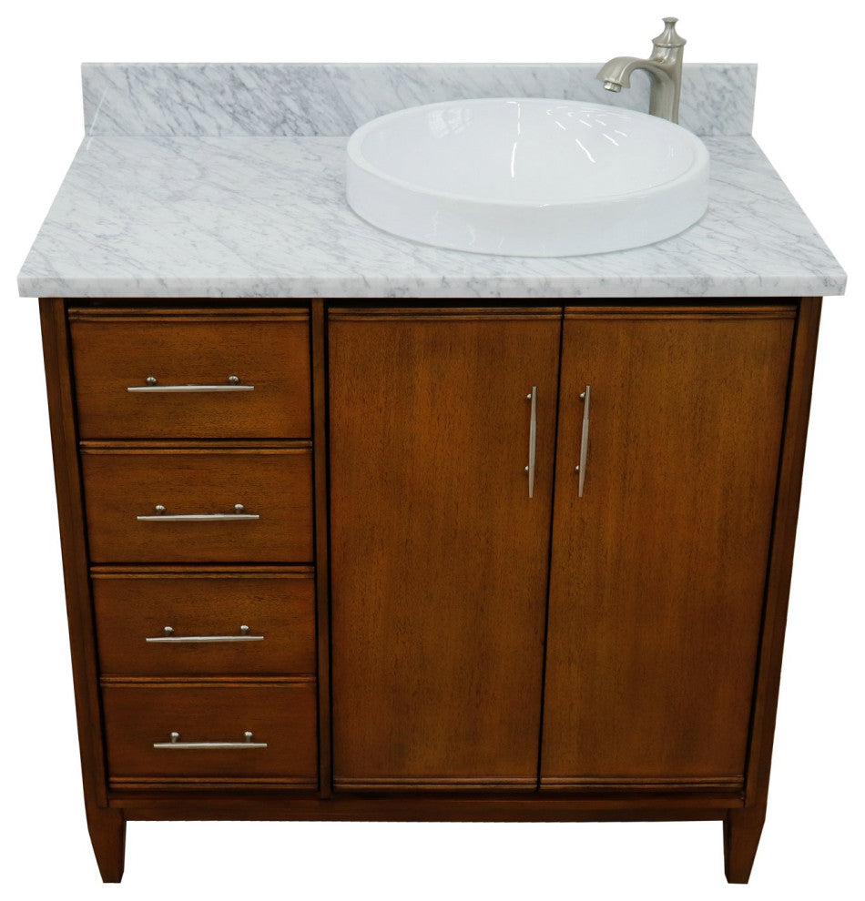 37" Single Vanity, Walnut Finish With White Carrara