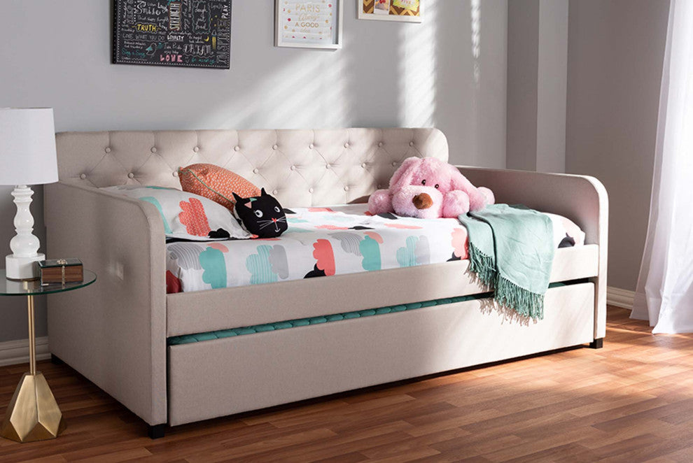 Carly Fabric Upholstered Button-Tufted Twin Size Sofa Daybed With Trundle Bed, B