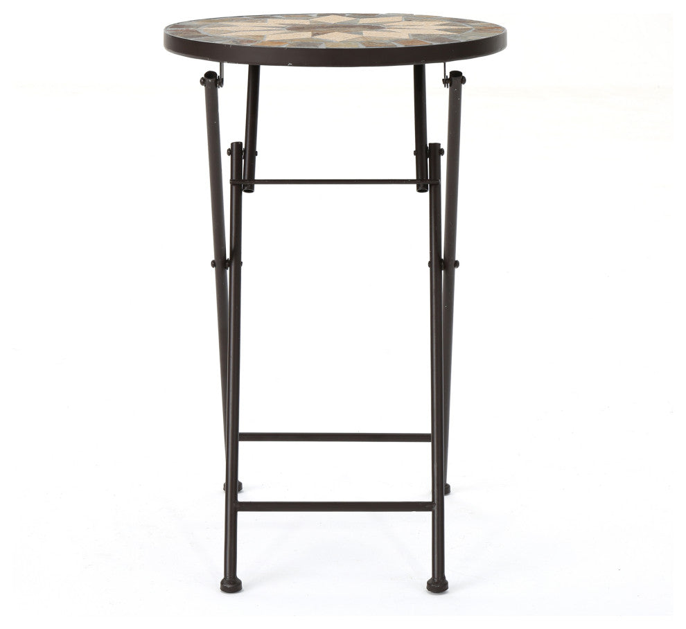GDF Studio Sandor Outdoor Beige and Black Stone Side Table With Iron Frame