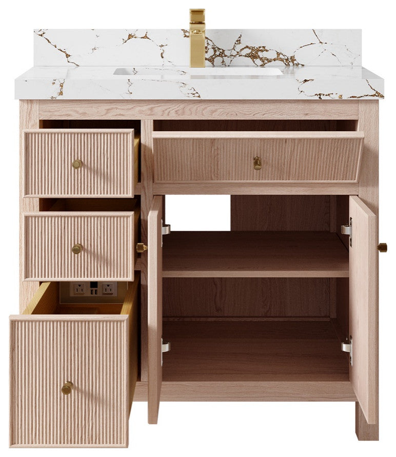 Sonoma Oak 36" Center Sink Bath Vanity With 2" Viola Gold