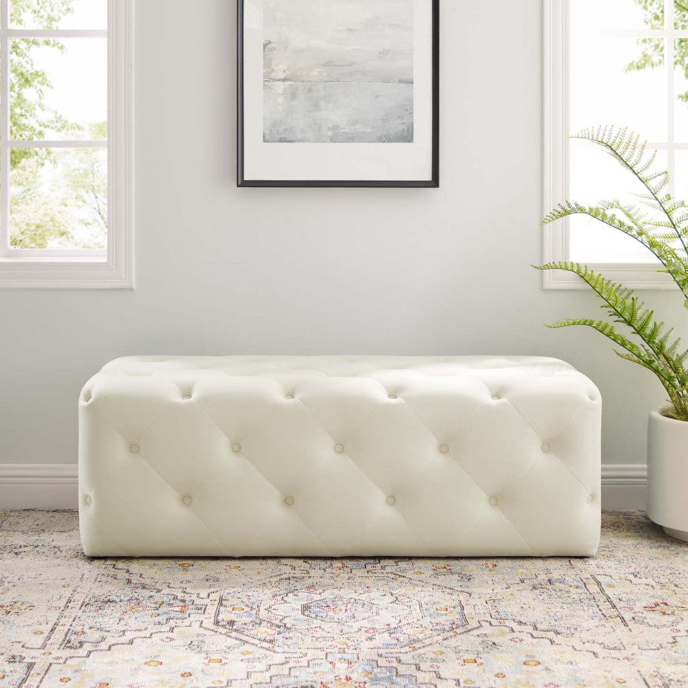 Tufted Accent Chair Bench, Velvet, Ivory White, Modern, Lounge Hospitality