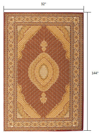 3" x 12" Red and Beige Medallion Runner Rug