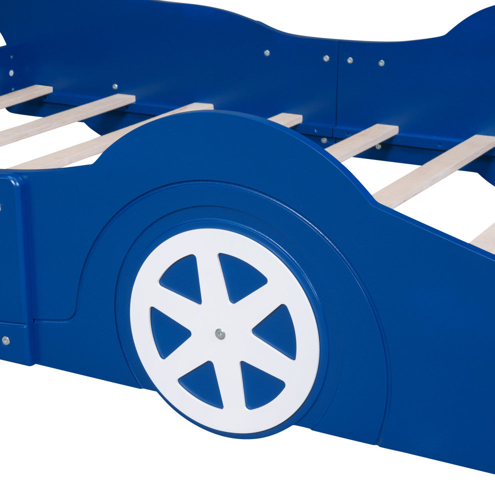 Gewnee Full Size Race Car-Shaped Platform Bed with Wheels,Blue