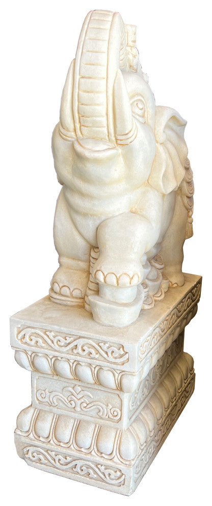 Chinese Pair White Marble Stone Fengshui Elephant Trunk Up Statues Hcs7637