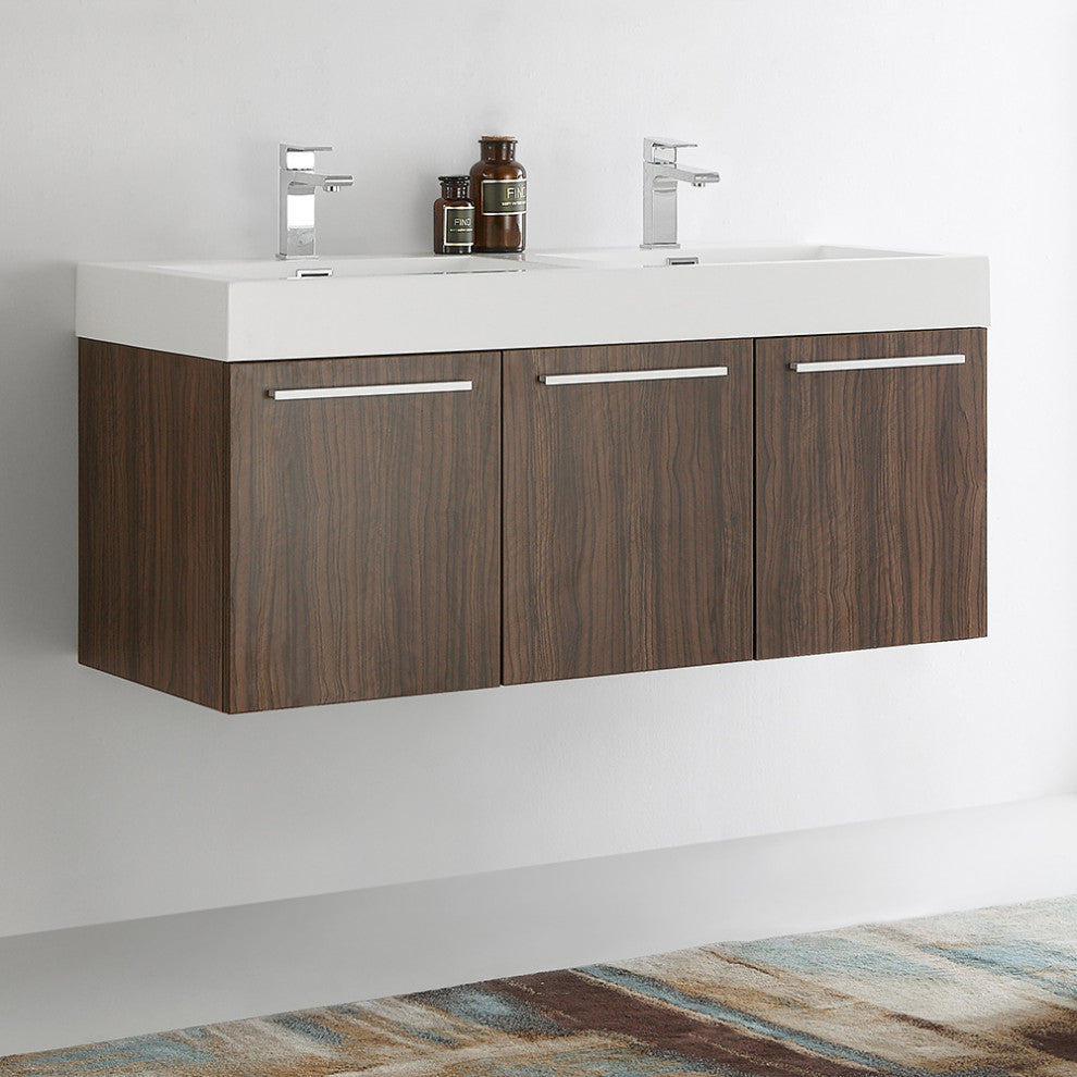 48" Walnut Wall Hung Double Sink Modern Bathroom Cabinet w/ Integrated Sink