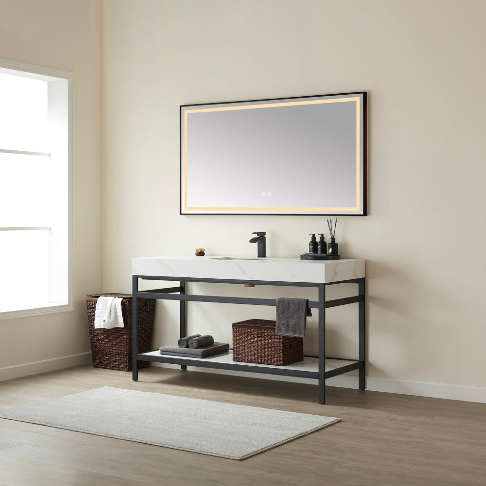 Funes Bath Vanity with Mirror, Matte Black Support, 60'' Single Sink, White Stone Top