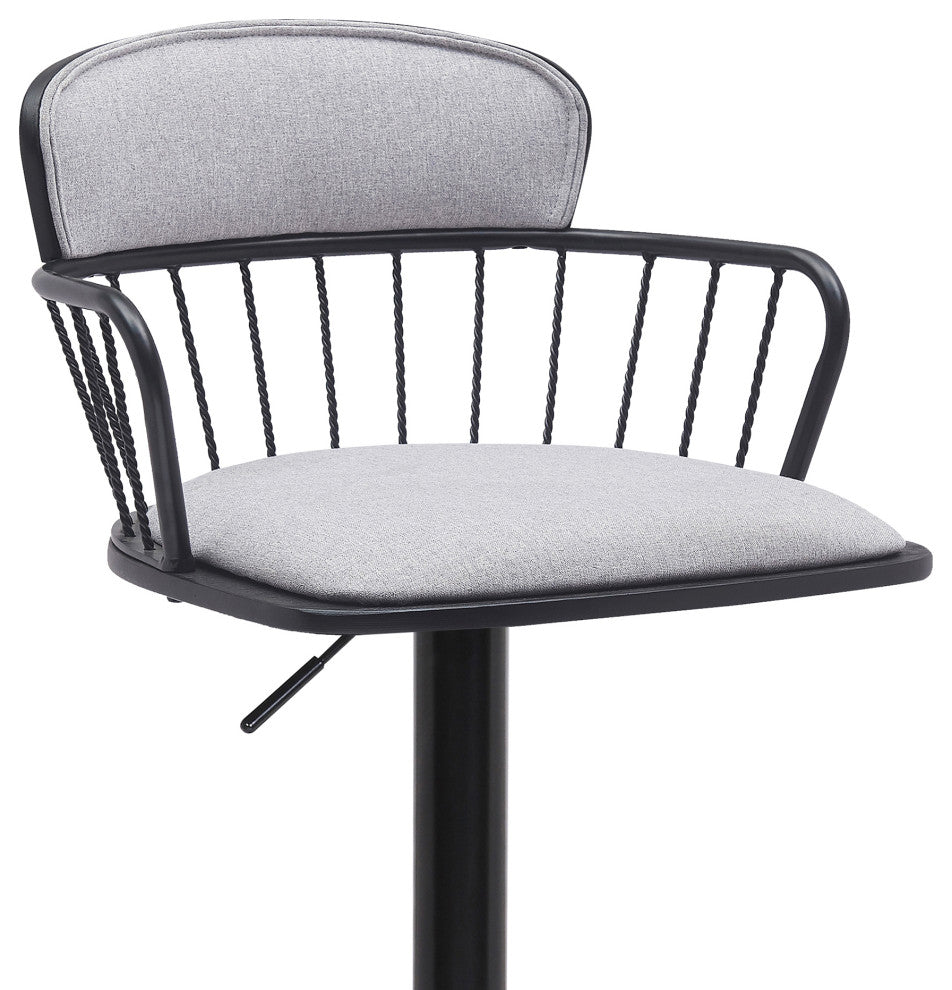Nash Adjustable Black Wood Bar Stool, Blue Fabric With Black Metal, Light Gray