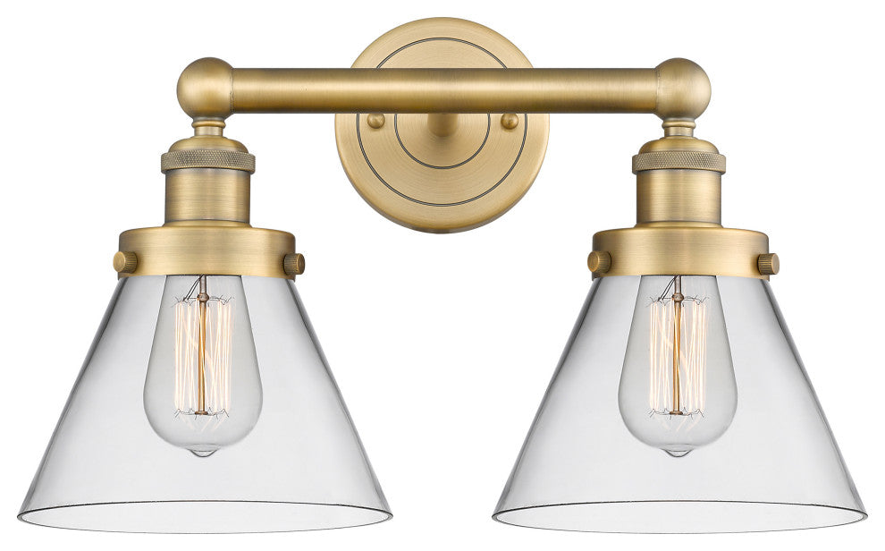 Edison Large Cone 2-Light 17" Vanity Light, Brushed Brass Finish, Clear Shade