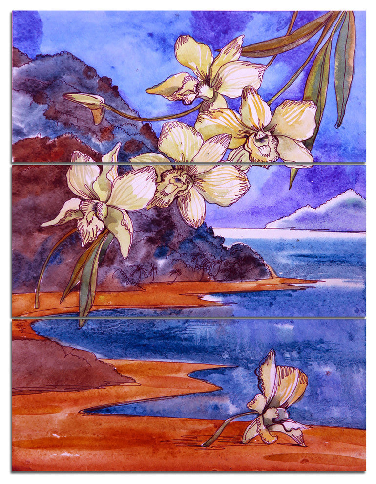 "White Orchid With Sea" Glossy Metal Wall Art, 3 Panels, 28"x36"