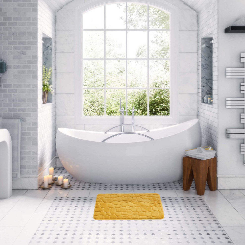 Bath Rug Memory Foam Mat 3D Pebble 32"x20", Yellow Mustard, Bath Mat