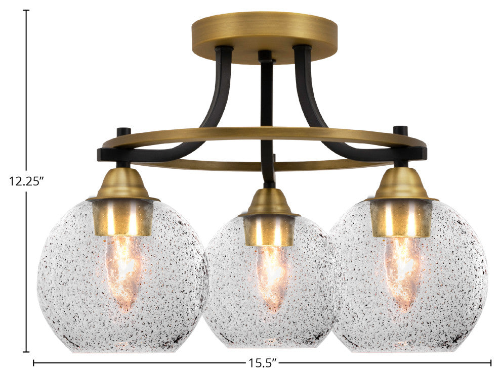 Paramount 3-Light Semi-Flush Light, Matte Black & Brass, 5.75" Smoke Bubble
