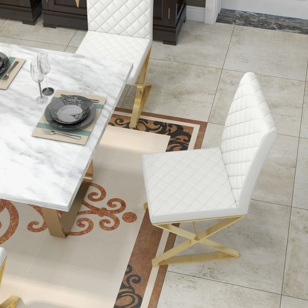 Dochic Modern White Leather Dining Room Chair Upholstered Gold Legs (Set of 2)