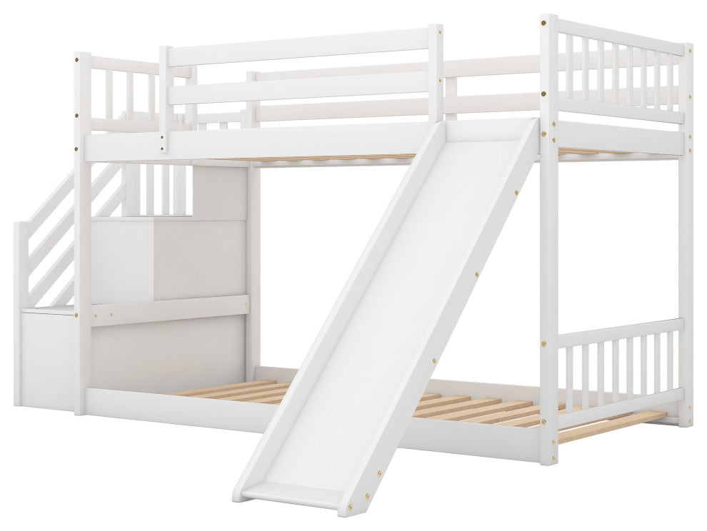 Gewnee Wood Twin Over Twin Bunk Bed with Convertible Slide and Stairway in White