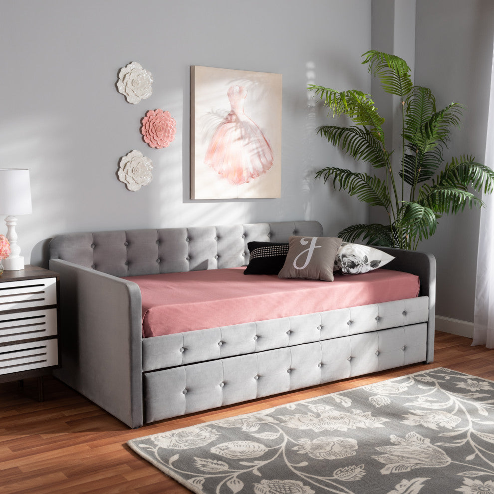 Rosecranz Gray Velvet Modern Glam Daybed With Trundle