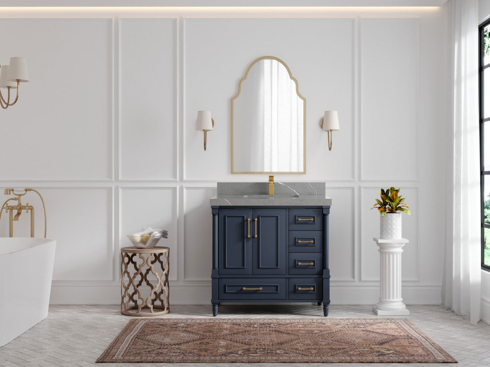 Aberdeen 36 Center Sink Bath Vanity in Hale Navy Blue  2" Piatra Gray