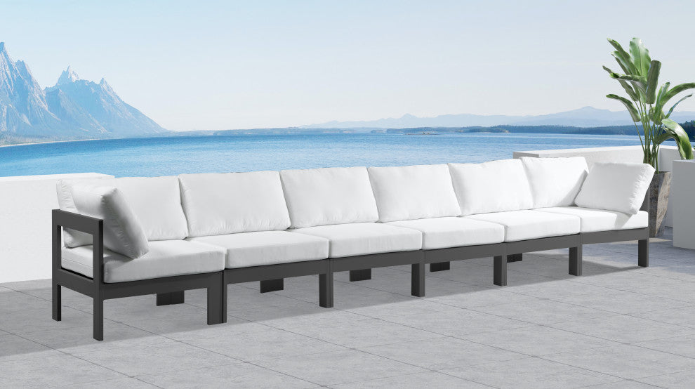 Nizuc Water Resistant Patio Modular Straight Sofa, White, 6-Piece: 4 Armless Chair, 2 Corner Chair, Dark Gray Aluminum Frame
