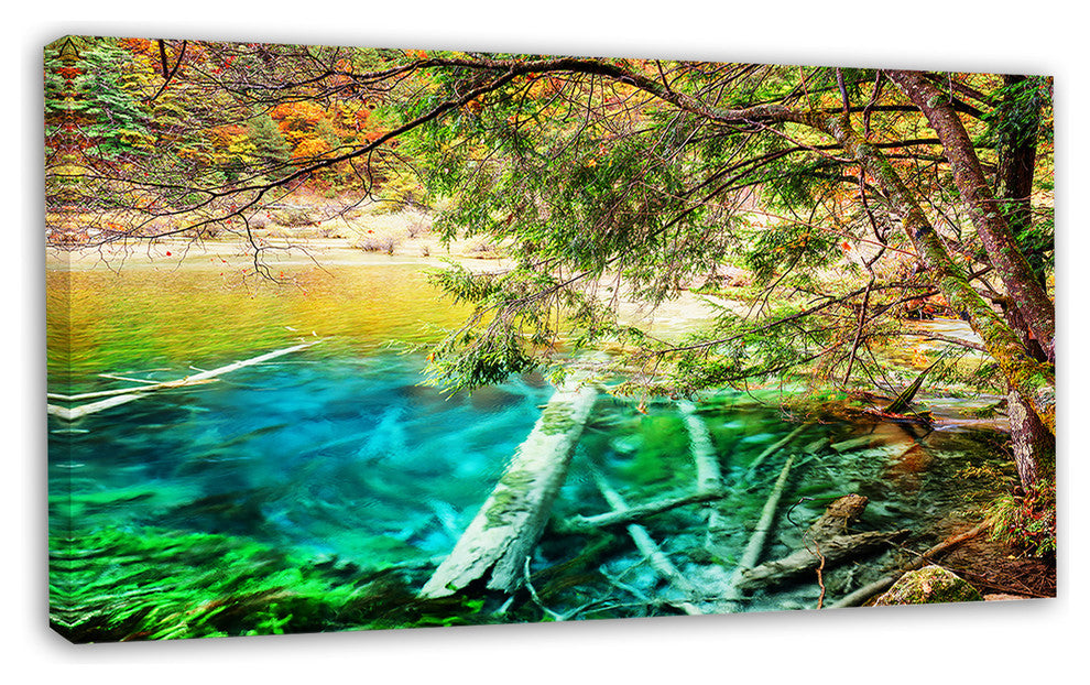 Colorful Lake with Tree Trunks, Landscape Canvas Wall Art, 32"x16"