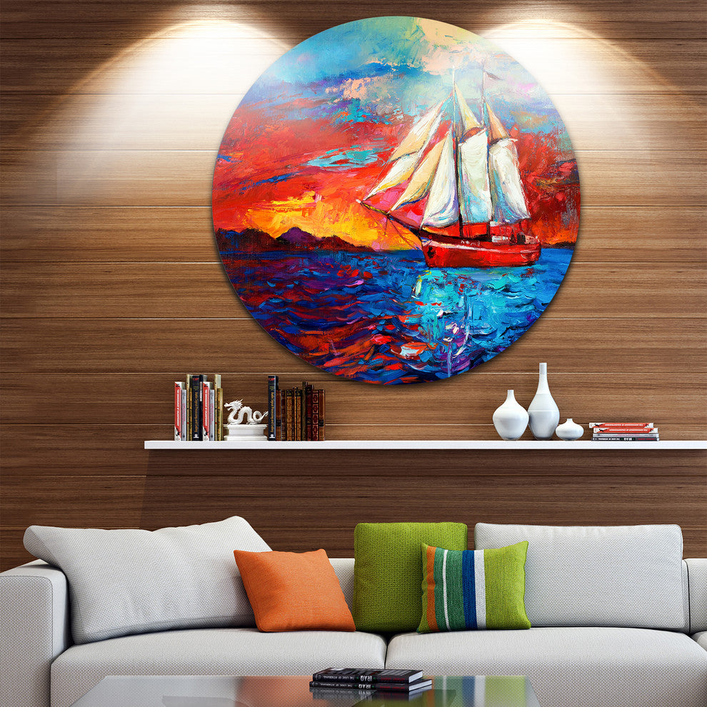 Sail Ship During Sunset, Seascape Painting Disc Metal Artwork, 23"
