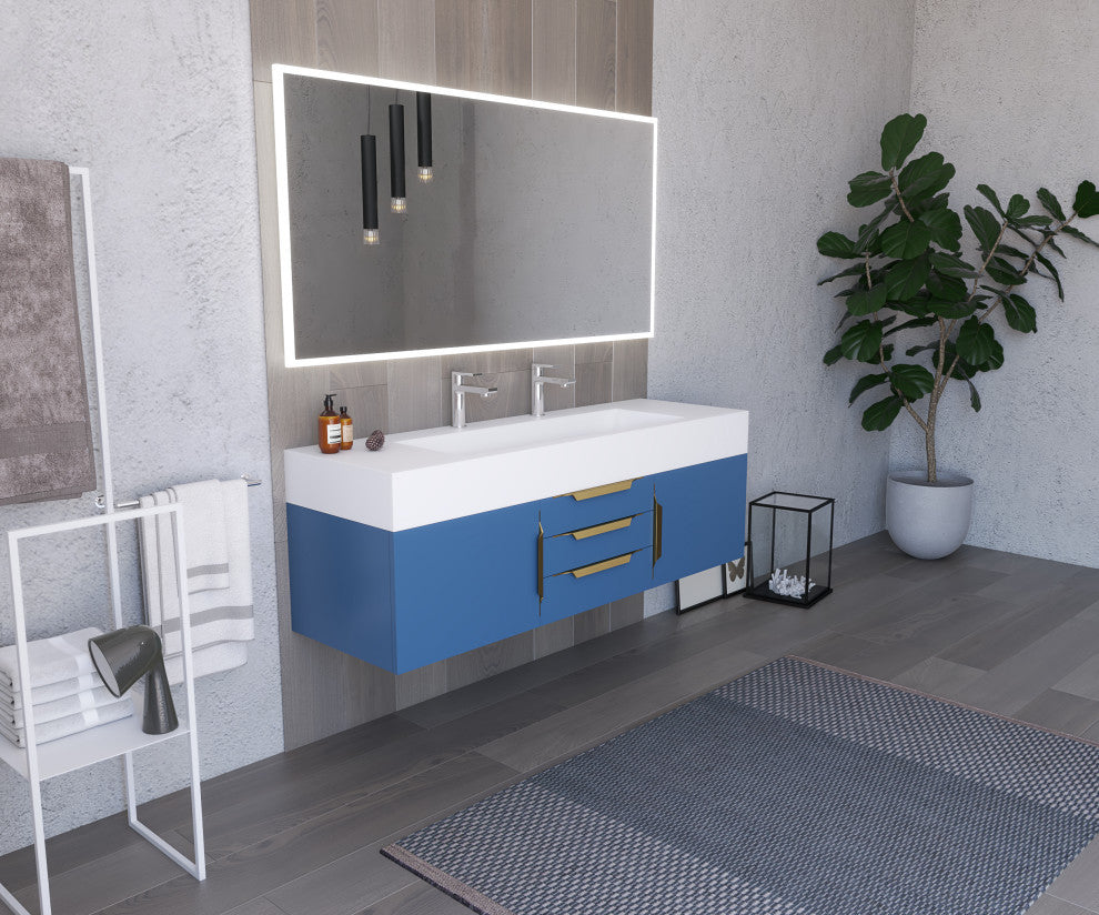 CastelloUSA Alpine 60" Wall Mounted Vanity, Base Only, Blue, Gold Handles
