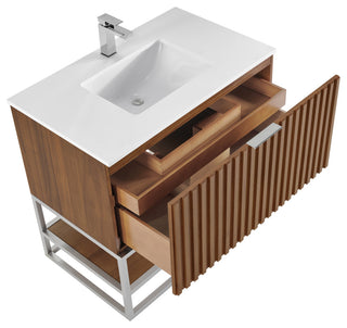 Terra Bathroom Vanity, Walnut/Brushed Nickel, 36", White Quartz Top